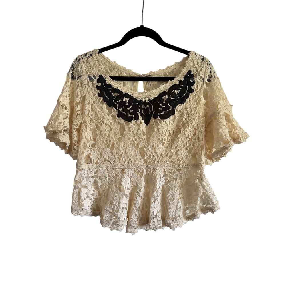 Free People Boho Women’s Lace Peplum Top Cream and Black Size Small